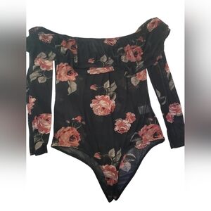 Floral Off-Shoulder Woman Mesh One Piece Bodysuit